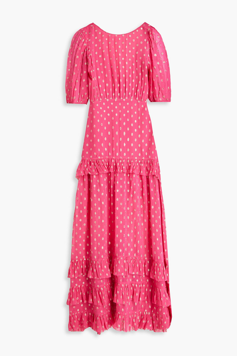 RIXO LONDON SHIREEN RUFFLED POLKA-DOT METALLIC FIL COUPÉ MAXI DRESS