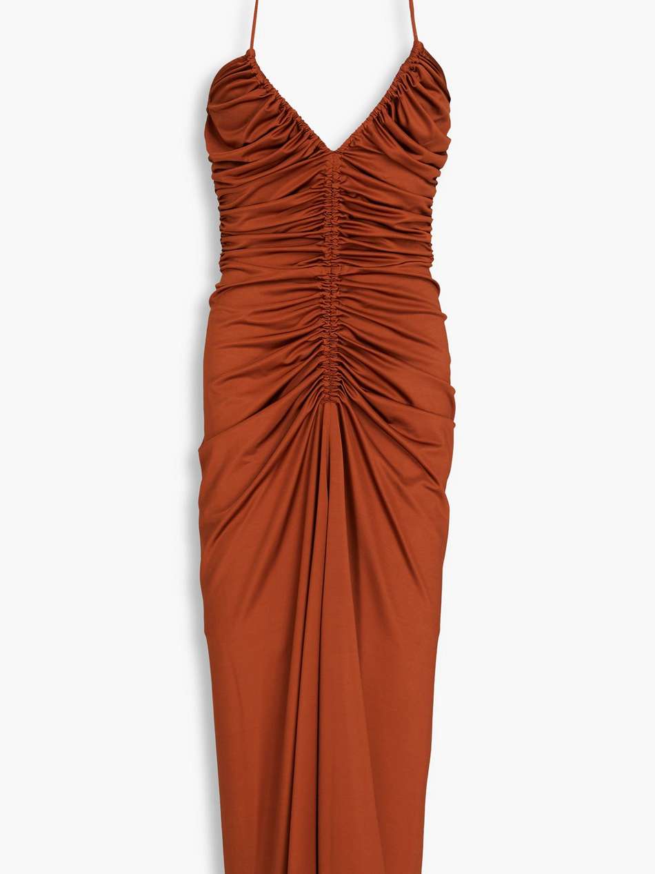 saskia ruched satin-jersey halterneck midi dress