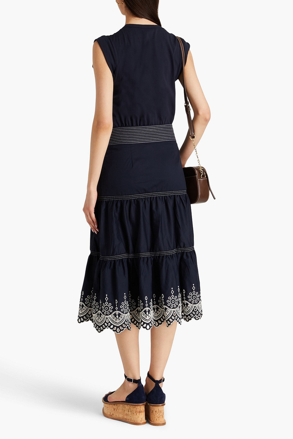 Shop Veronica Beard Amaia Jersey-paneled Cotton-poplin Midi Dress In Navy