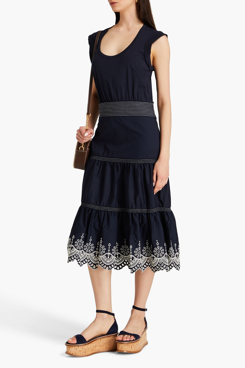 Shop Veronica Beard Amaia Jersey-paneled Cotton-poplin Midi Dress In Navy