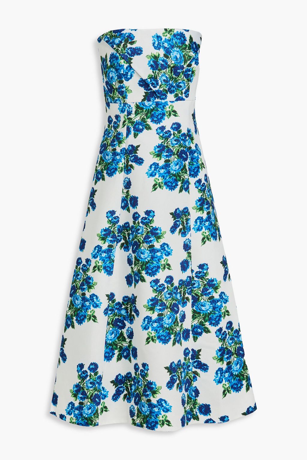 Simran strapless floral print taffeta midi dress blue UK 6