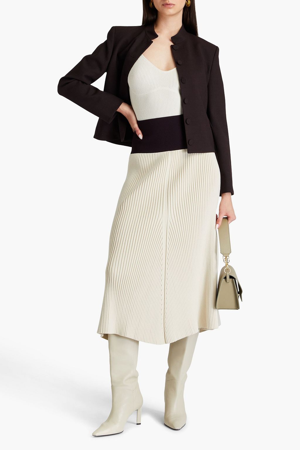 TORY BURCH 투톤 리브 니트 미디 스커트