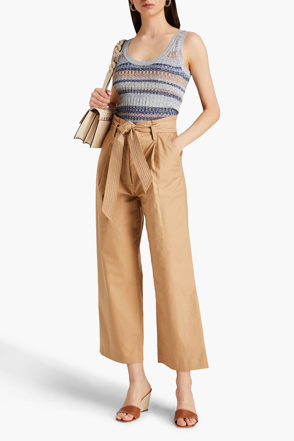 VERONICA BEARD LANG BELTED PLEATED COTTON-BLEND TWILL WIDE-LEG PANTS