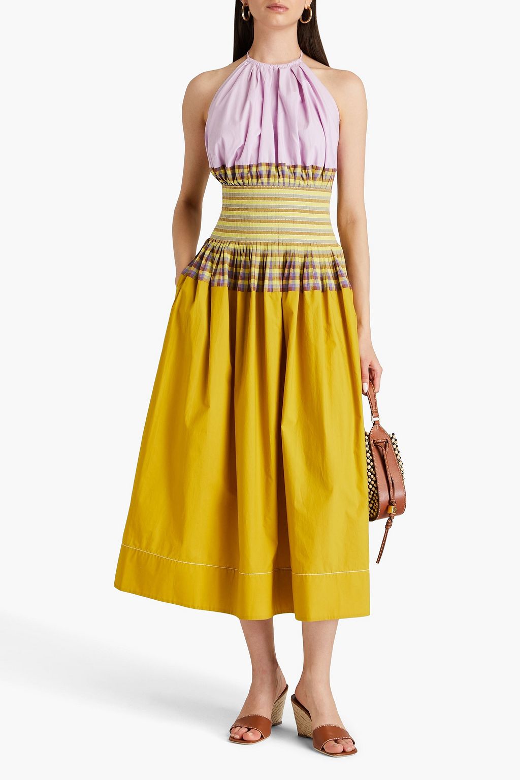 TORY BURCH 컬러블록 체크 코튼 포플린 홀터넥 미디 드레스