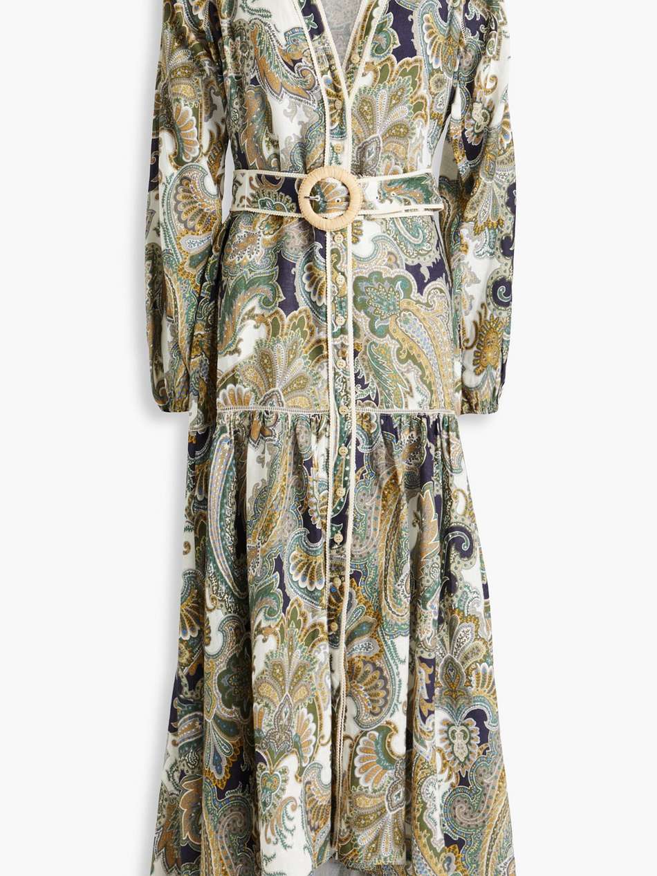 kadar belted paisley-print linen maxi dress
