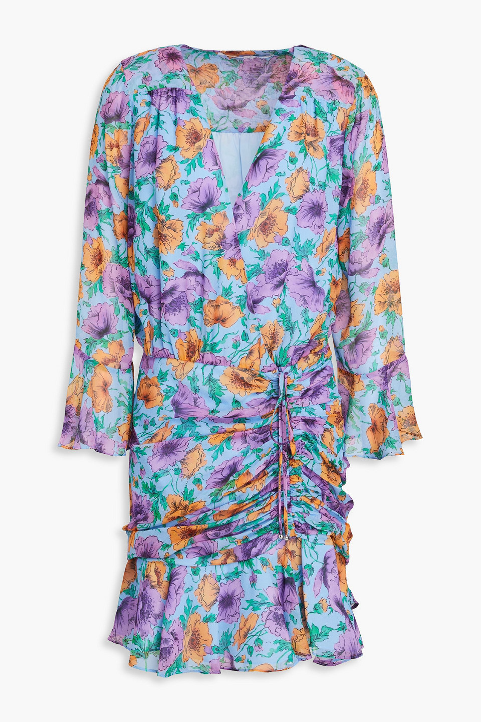 Veronica Beard Sean Ruched Floral-print Silk-chiffon Mini Dress In Light  Blue | ModeSens