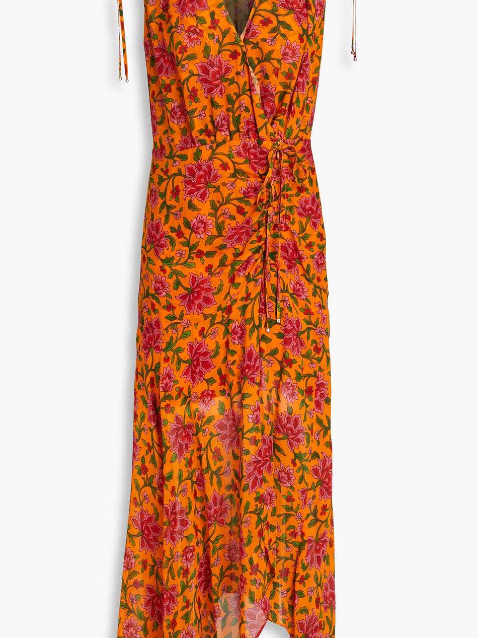dovima ruched wrap-effect floral-print silk-chiffon maxi dress