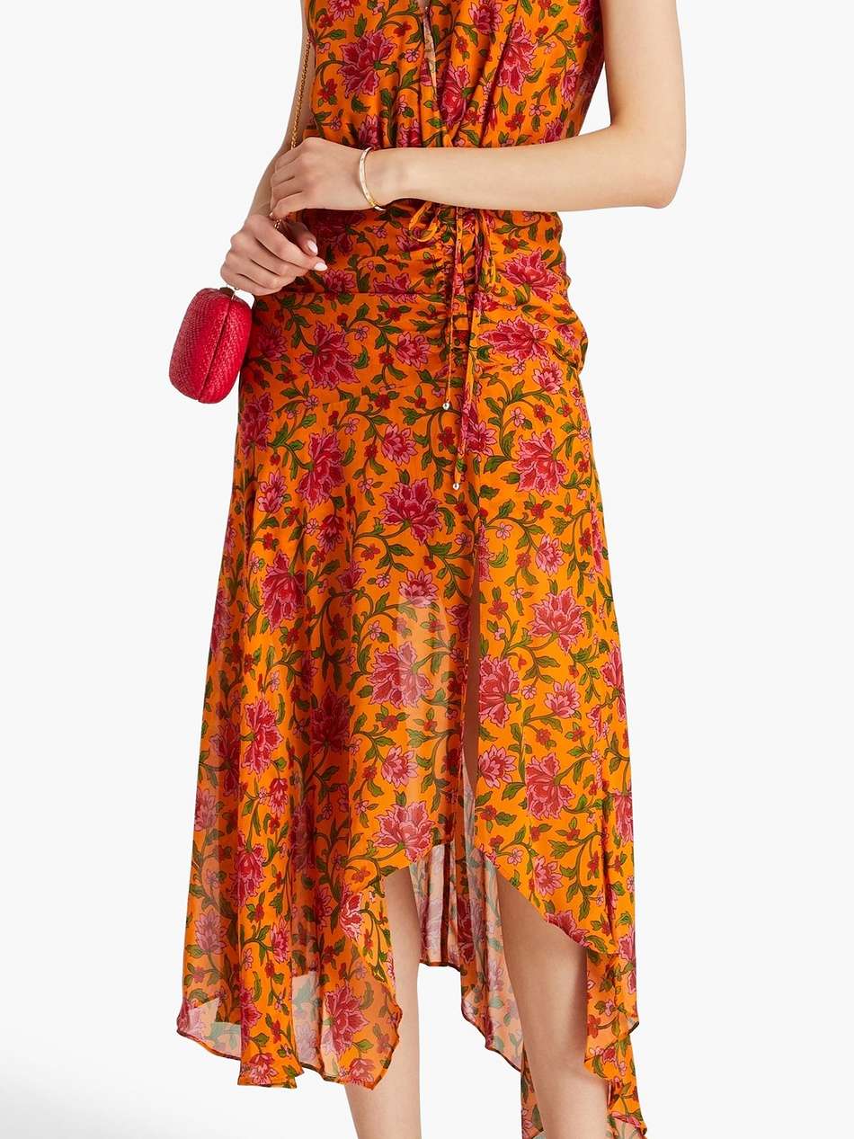 dovima ruched wrap-effect floral-print silk-chiffon maxi dress