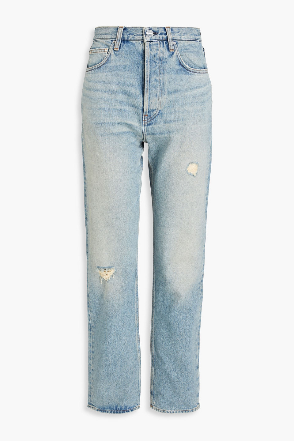 Totême Distressed Mid-rise Tapered Jeans In Mid Denim