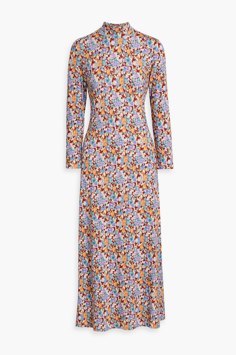 Rixo London Elise Floral-print Jersey Turtleneck Midi Dress In Brick