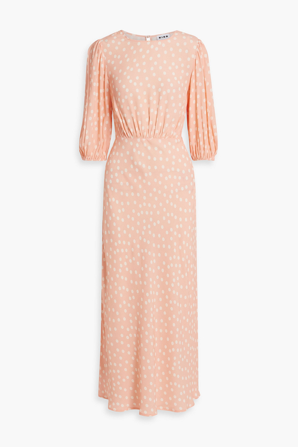 Rixo London Flavia Polka-dot Crepe Midi Dress In Peach