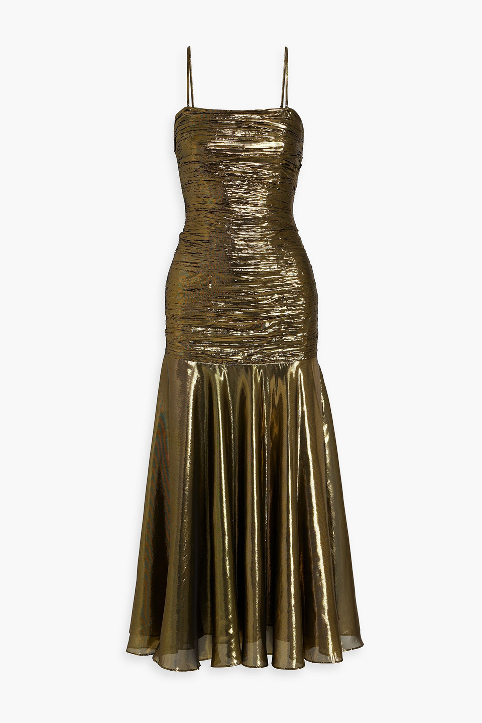 Rixo London Claudette Ruched Metallic Lamé Maxi Dress In Gold