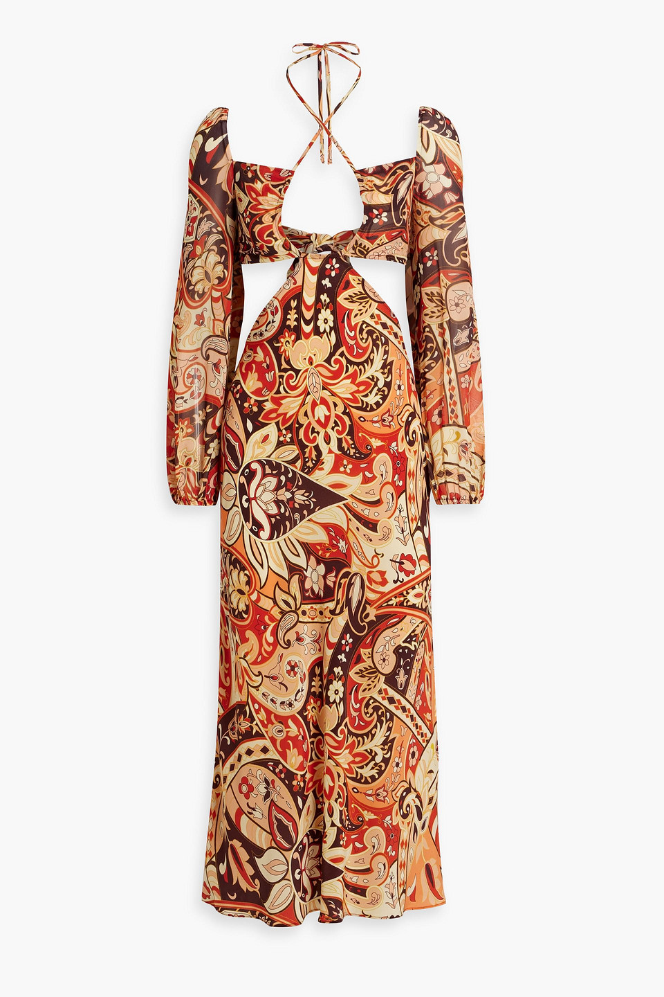 Rixo London Kamilla Cutout Printed Chiffon Midi Dress In Brick