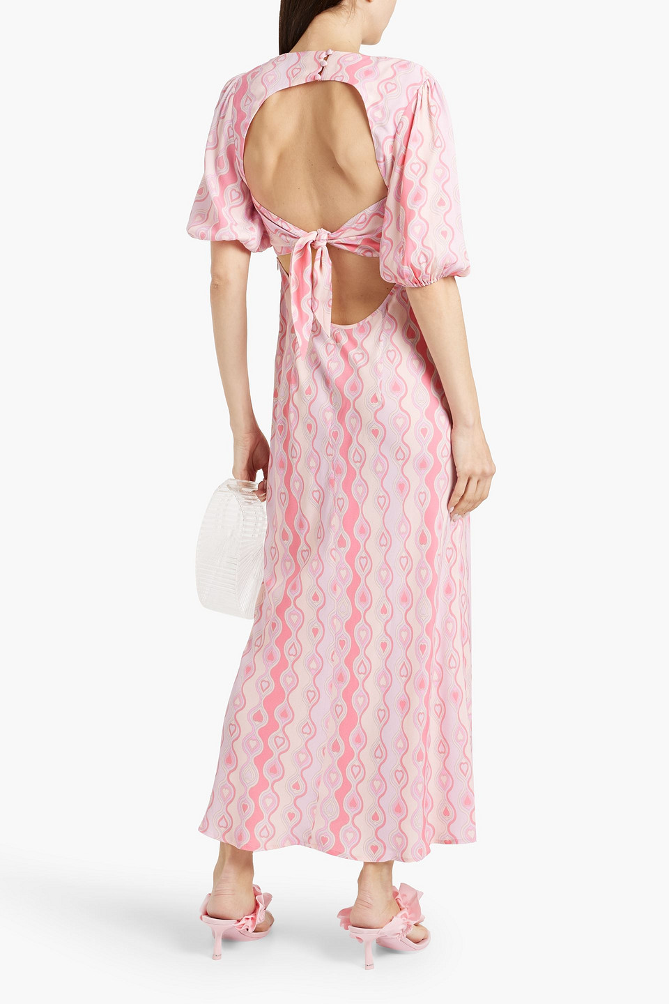 Shop Rixo London Steph Gathered Printed Crepe Midi Dress In Baby Pink