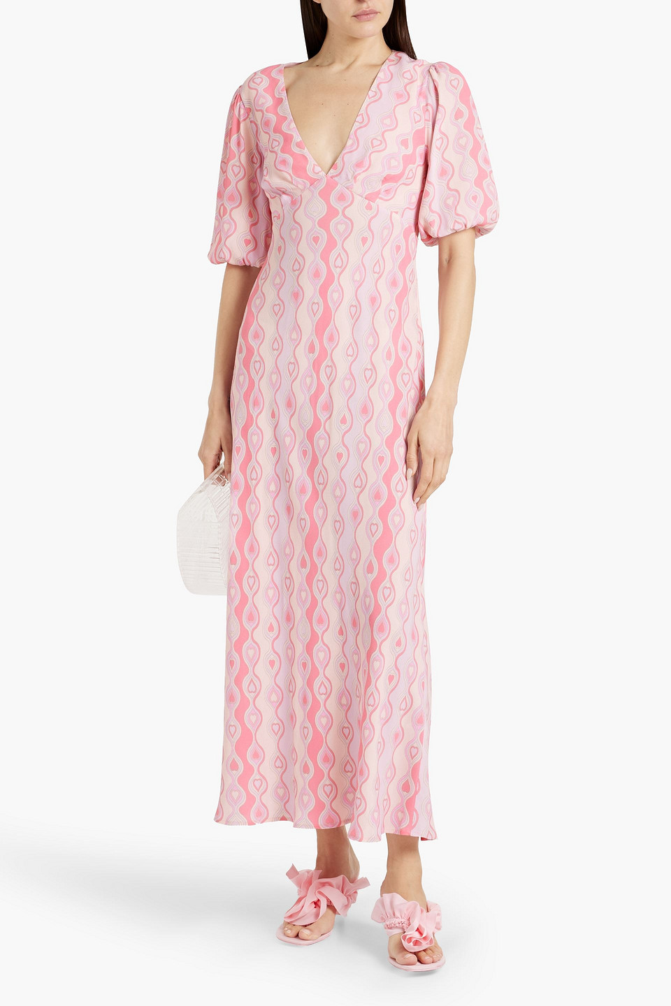 Shop Rixo London Steph Gathered Printed Crepe Midi Dress In Baby Pink