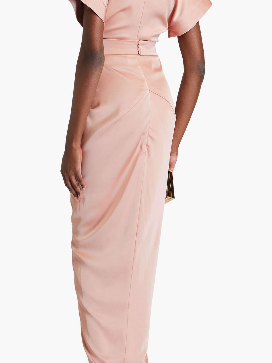 belted draped satin maxi dress