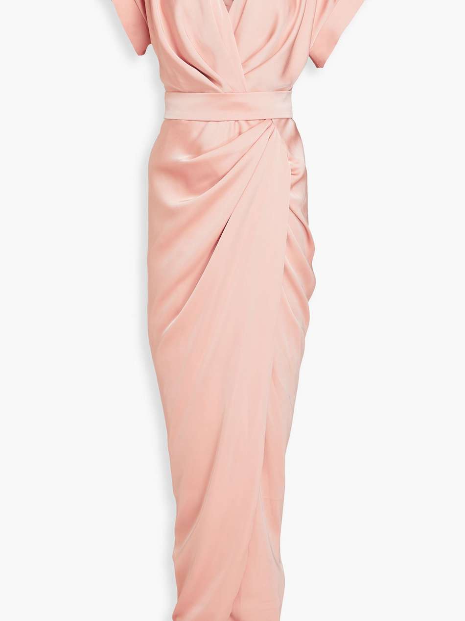 belted draped satin maxi dress