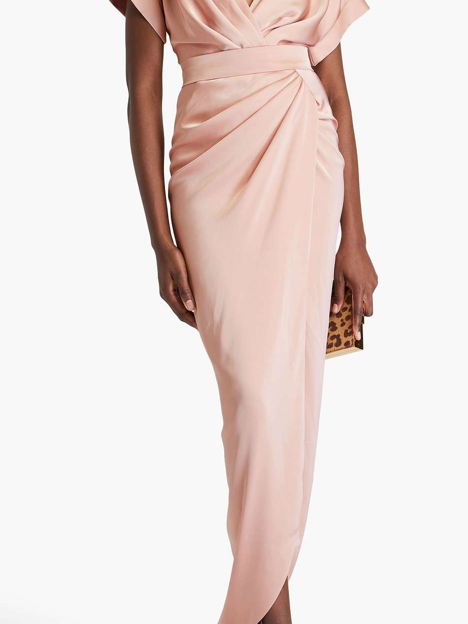 belted draped satin maxi dress