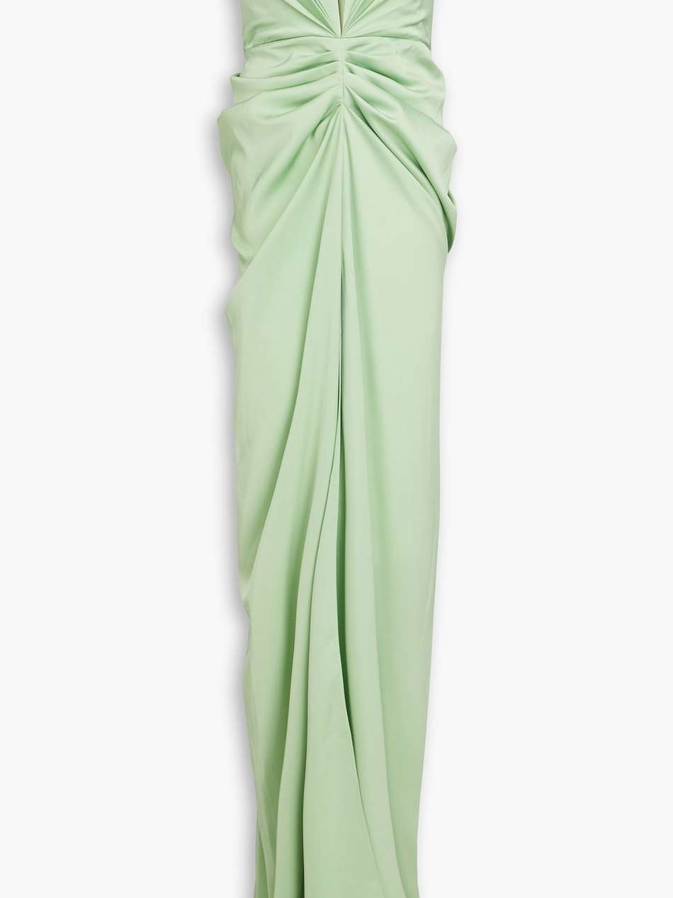strapless pleated satin gown