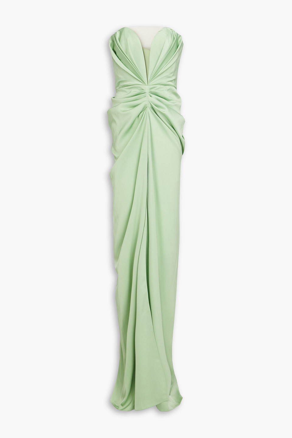 Rhea Costa Strapless Pleated Satin Gown In Light Green