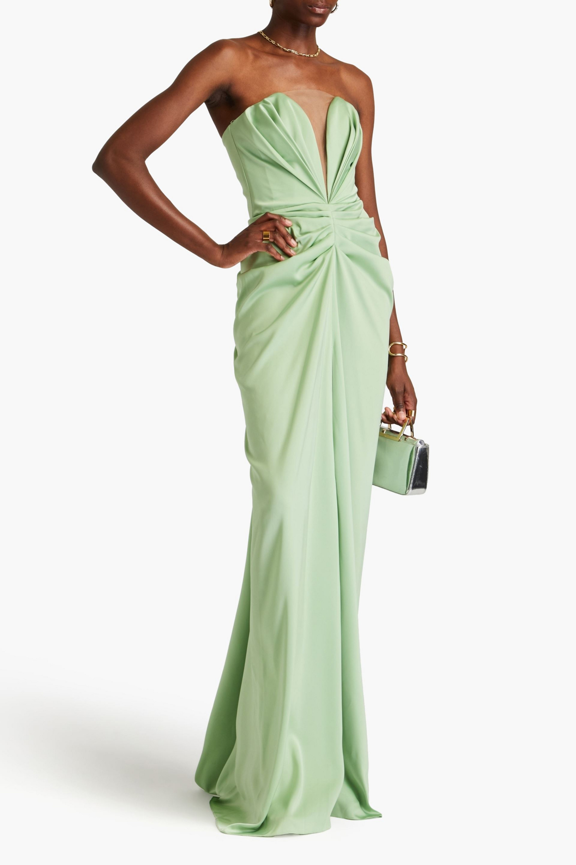 RHEA COSTA Strapless pleated satin gown