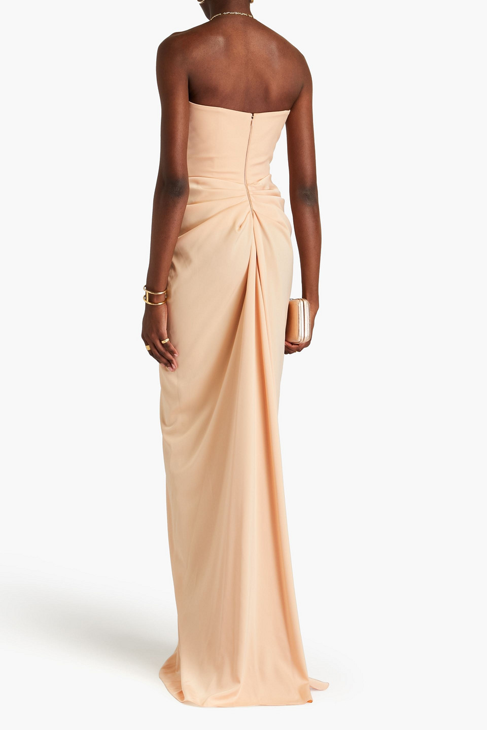 Rhea Costa Strapless Pleated Satin Gown In Pastel Orange