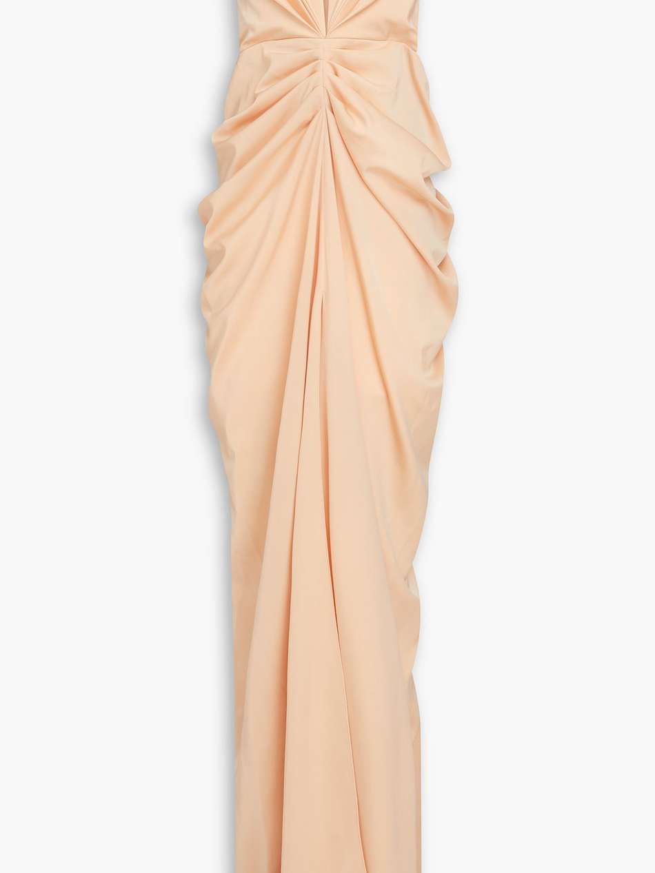 strapless pleated satin gown