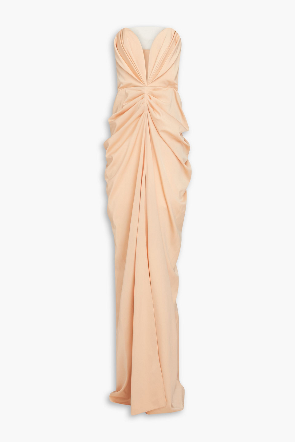 Rhea Costa Strapless Pleated Satin Gown In Pastel Orange