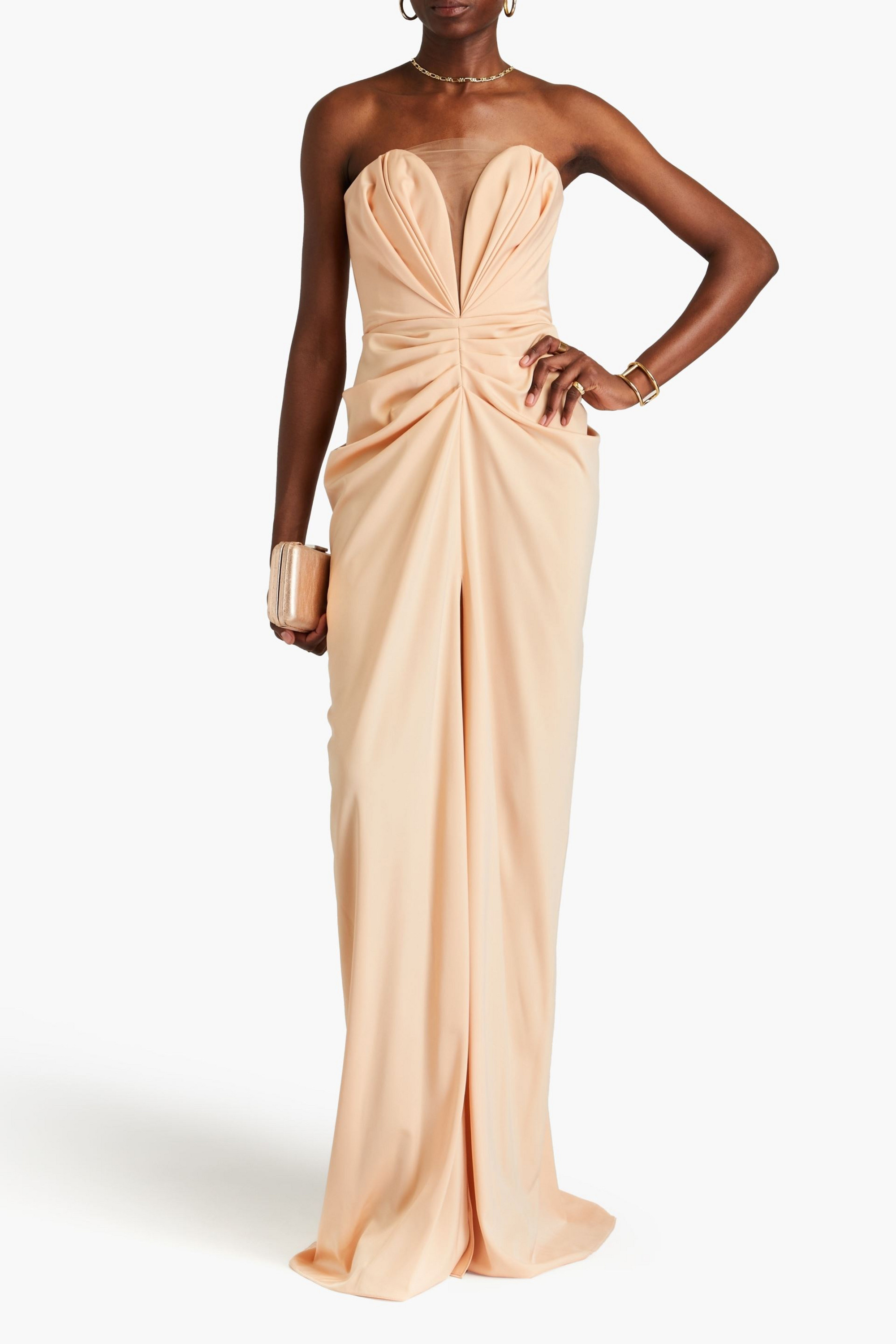 RHEA COSTA Strapless pleated satin gown