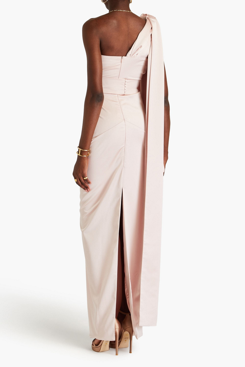 Rhea Costa One-shoulder Draped Satin Gown In Blush