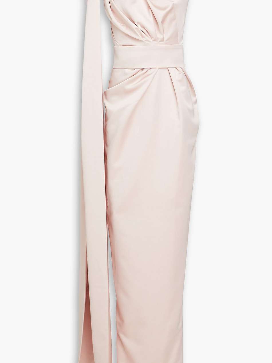 one-shoulder draped satin gown