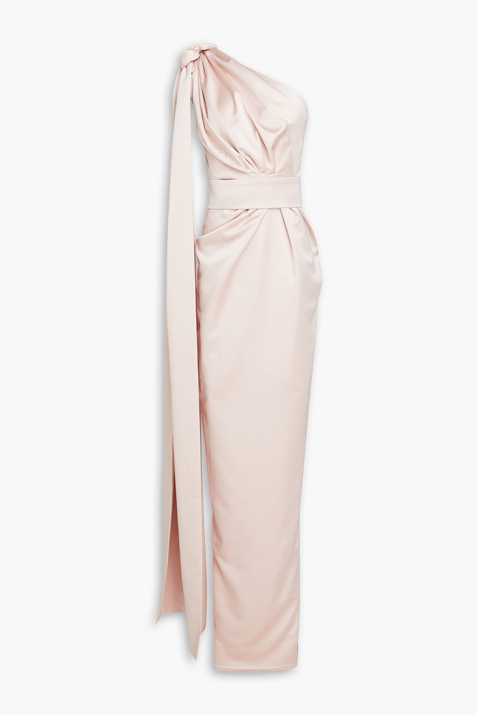 Rhea Costa One-shoulder Draped Satin Gown In Blush