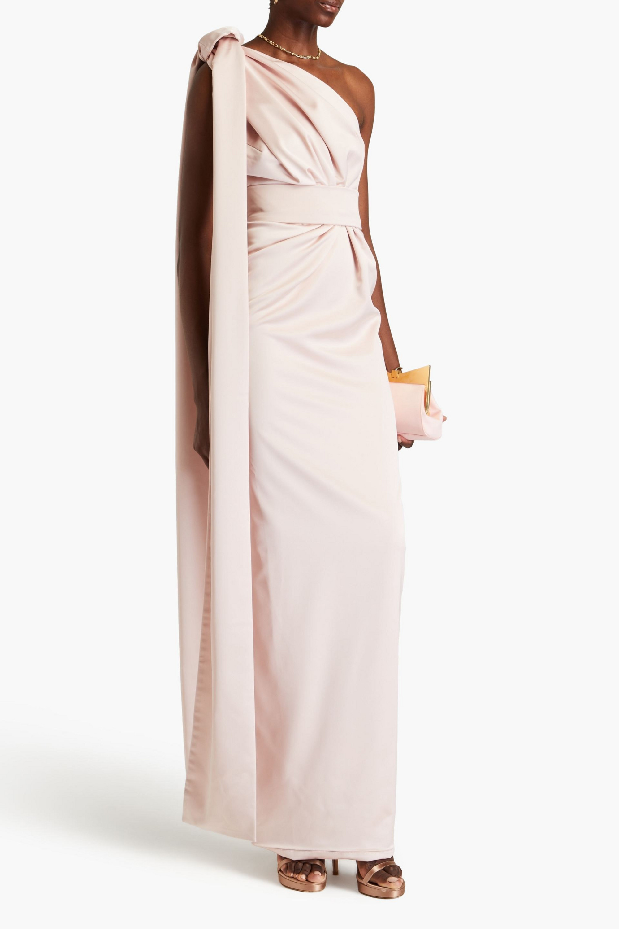 RHEA COSTA One-shoulder draped satin gown