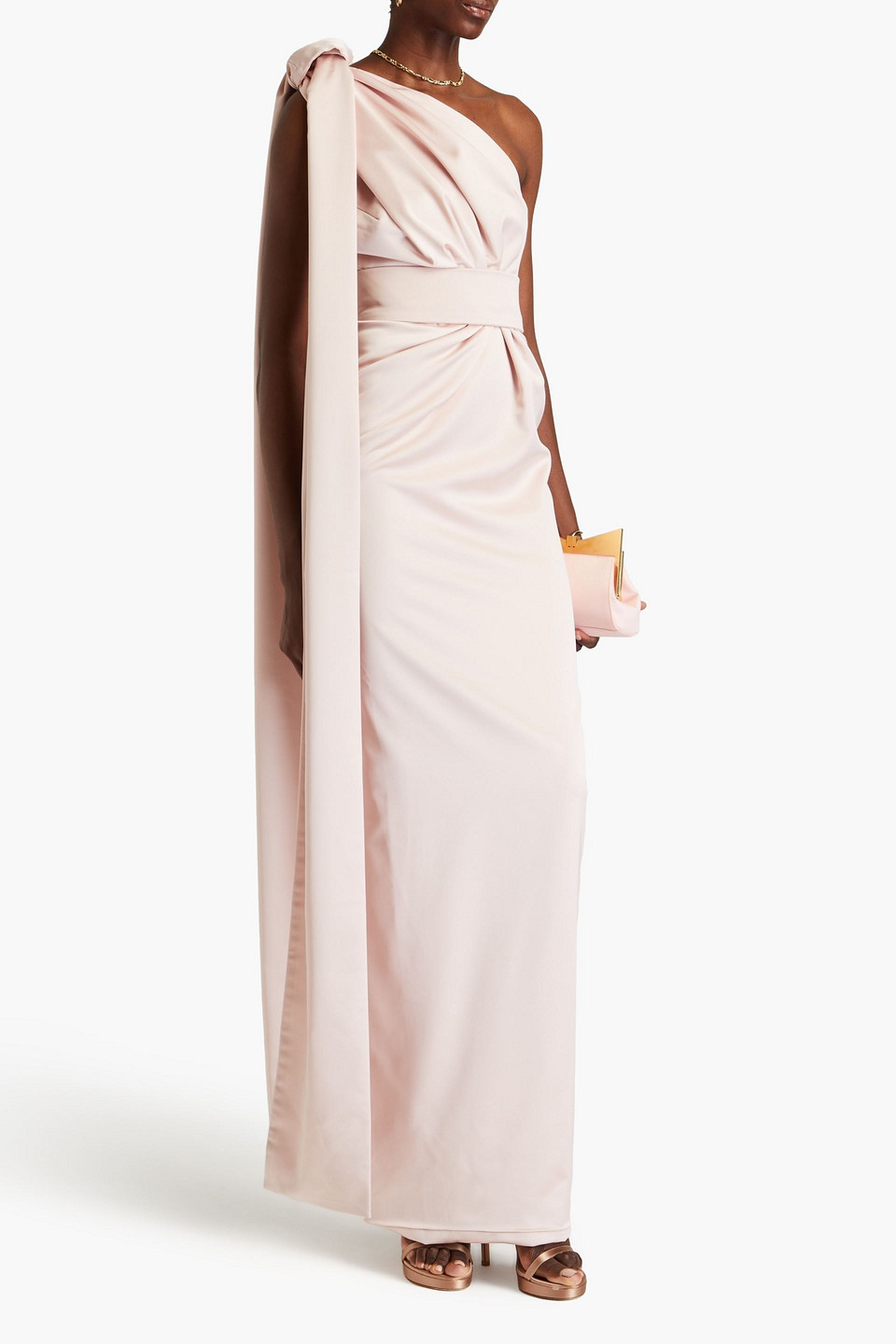 Rhea Costa One-shoulder Draped Satin Gown In Blush