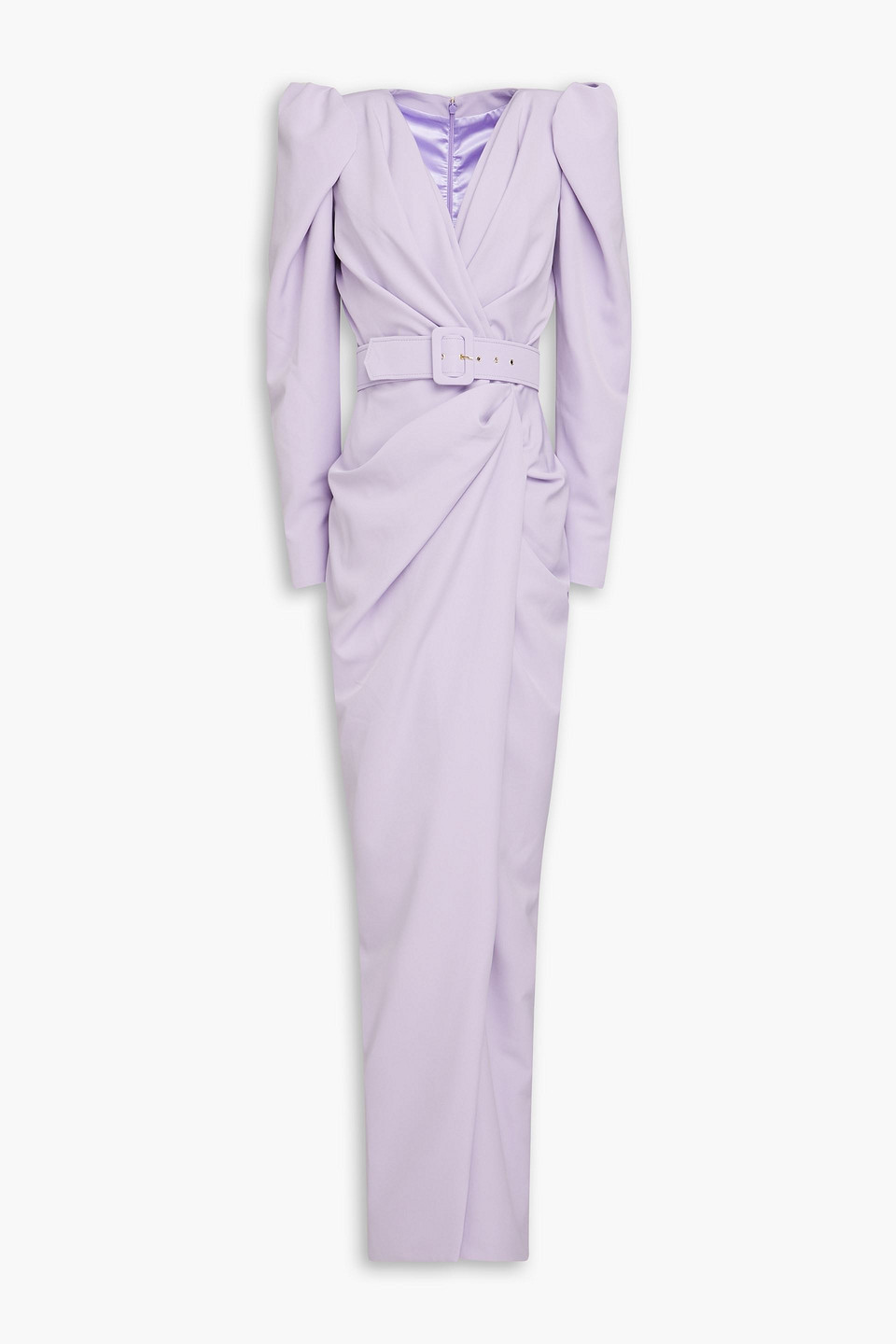 Rhea Costa Belted Pleated Crepe Gown In Lilac