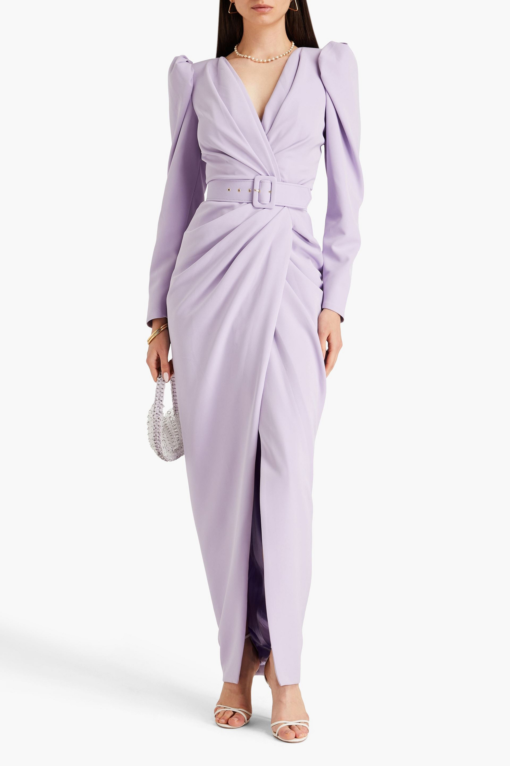 RHEA COSTA Belted pleated crepe gown