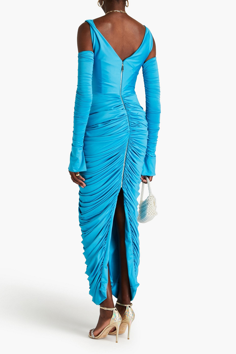 Rhea Costa Cold-shoulder Ruched Jersey Maxi Dress In Azure