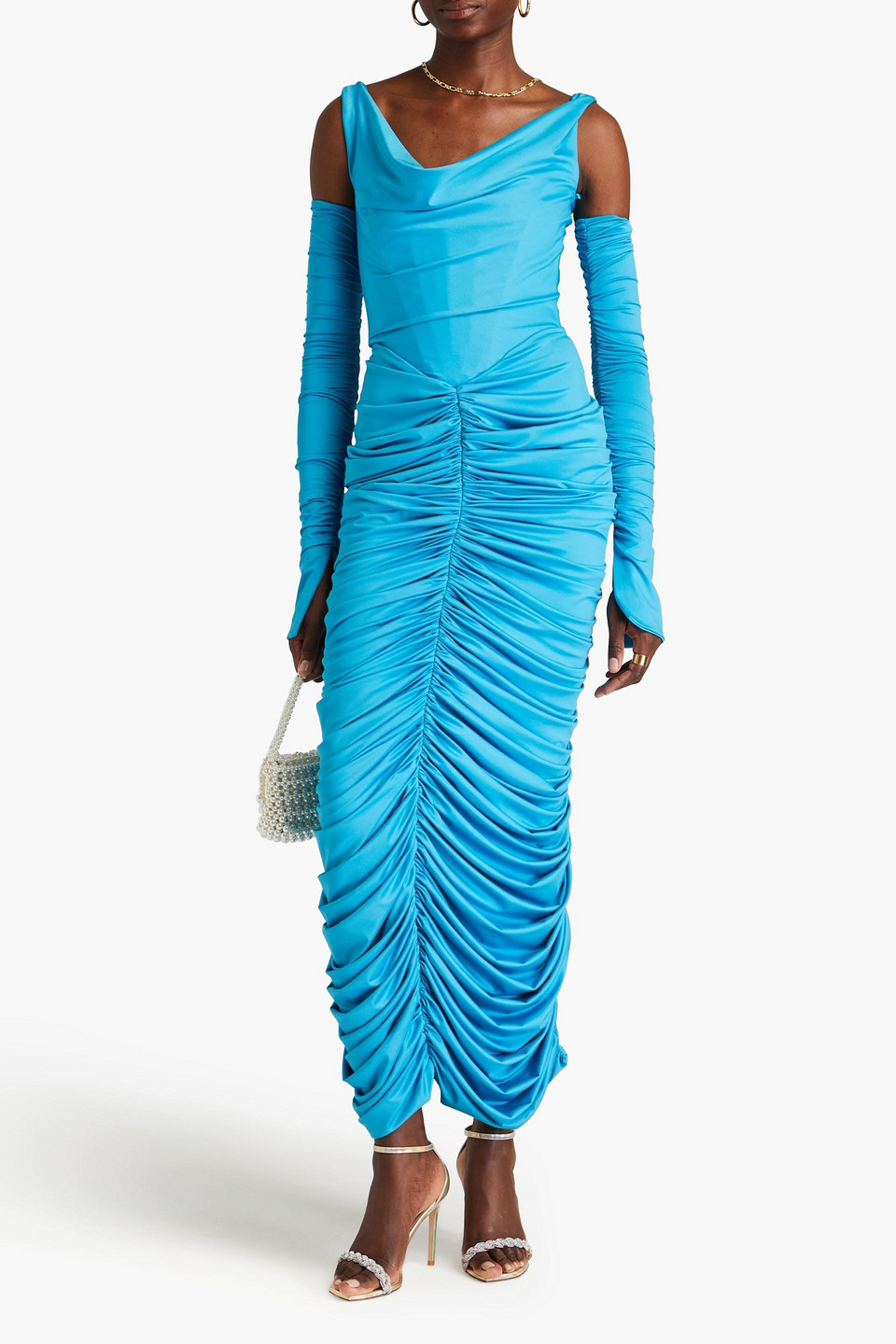Rhea Costa Cold-shoulder Ruched Jersey Maxi Dress In Azure