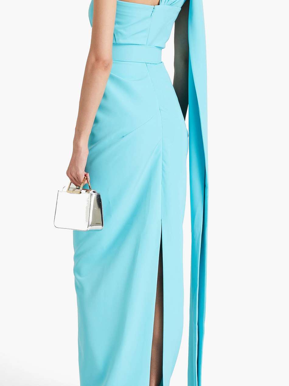 one-shoulder belted draped crepe gown