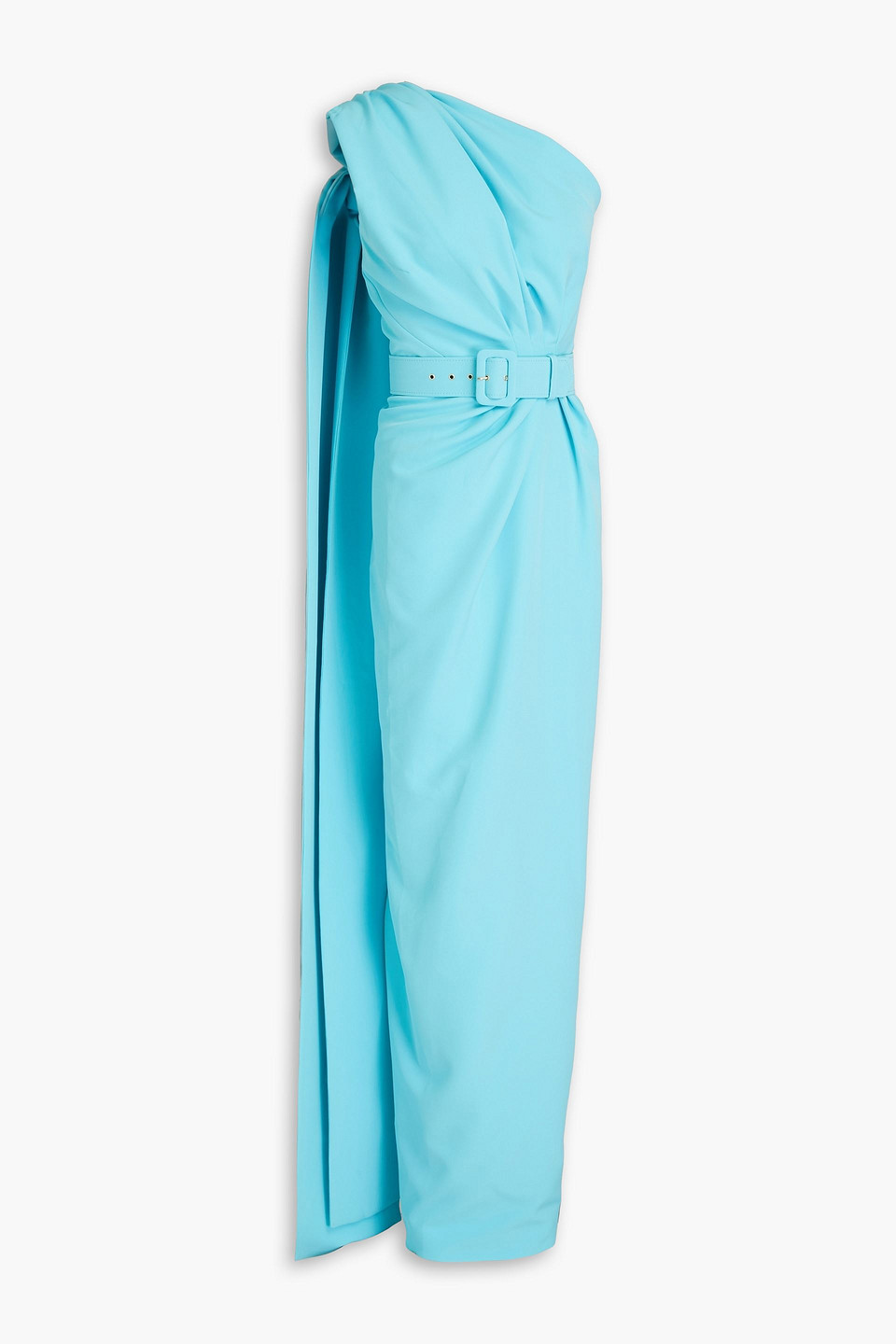 Rhea Costa One-shoulder Belted Draped Crepe Gown In Turquoise