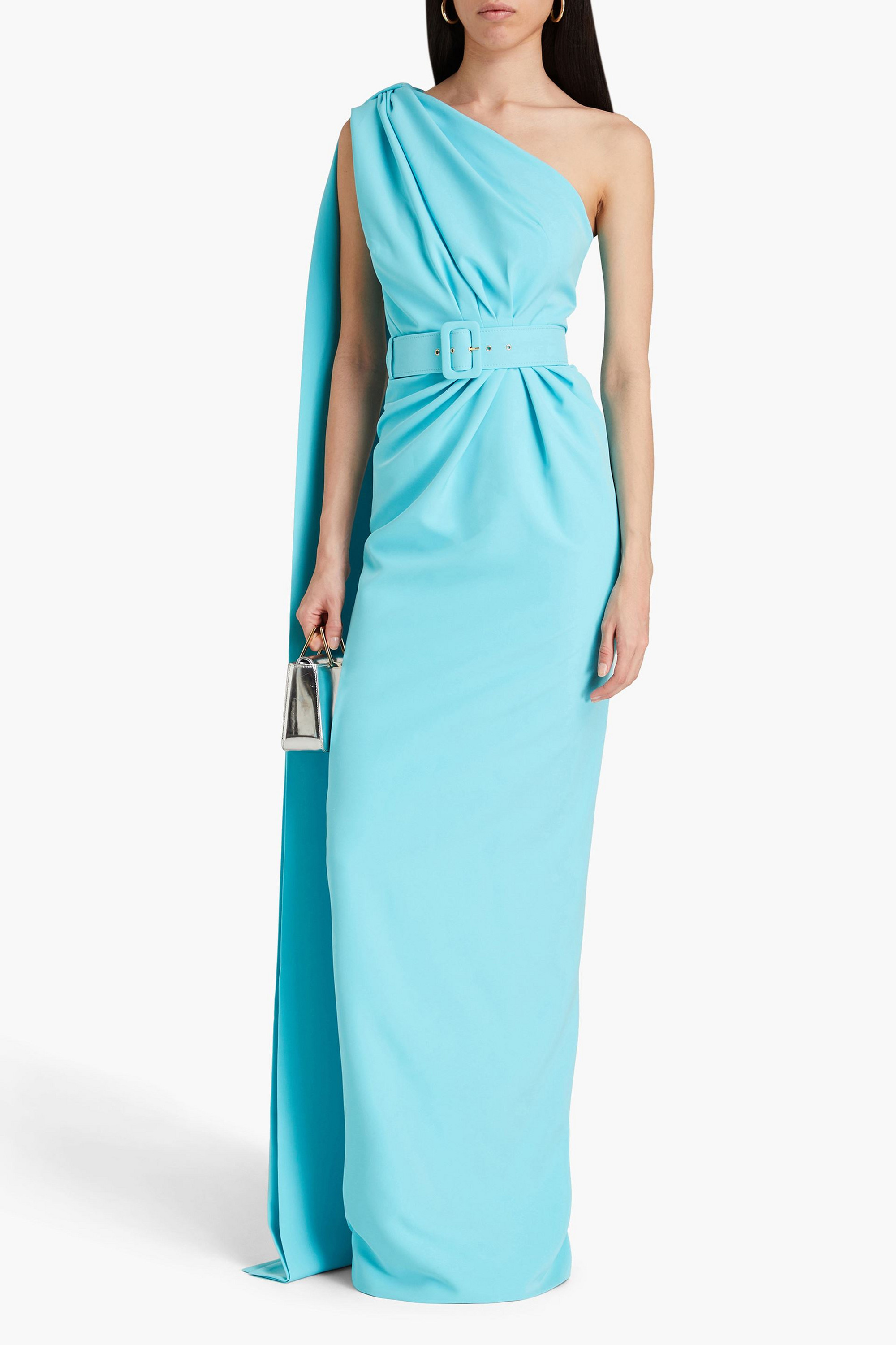 RHEA COSTA One-shoulder belted draped crepe gown