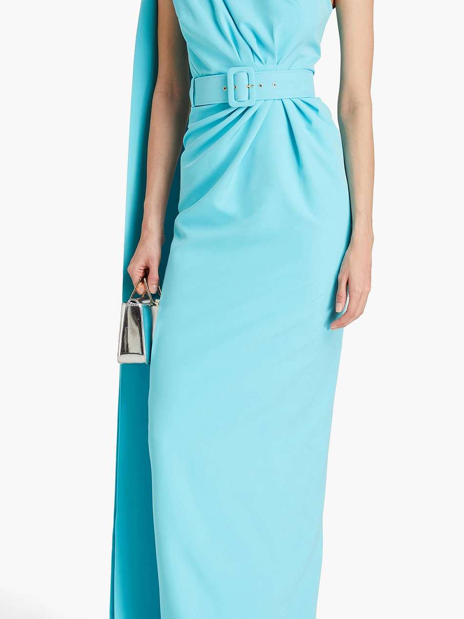 one-shoulder belted draped crepe gown