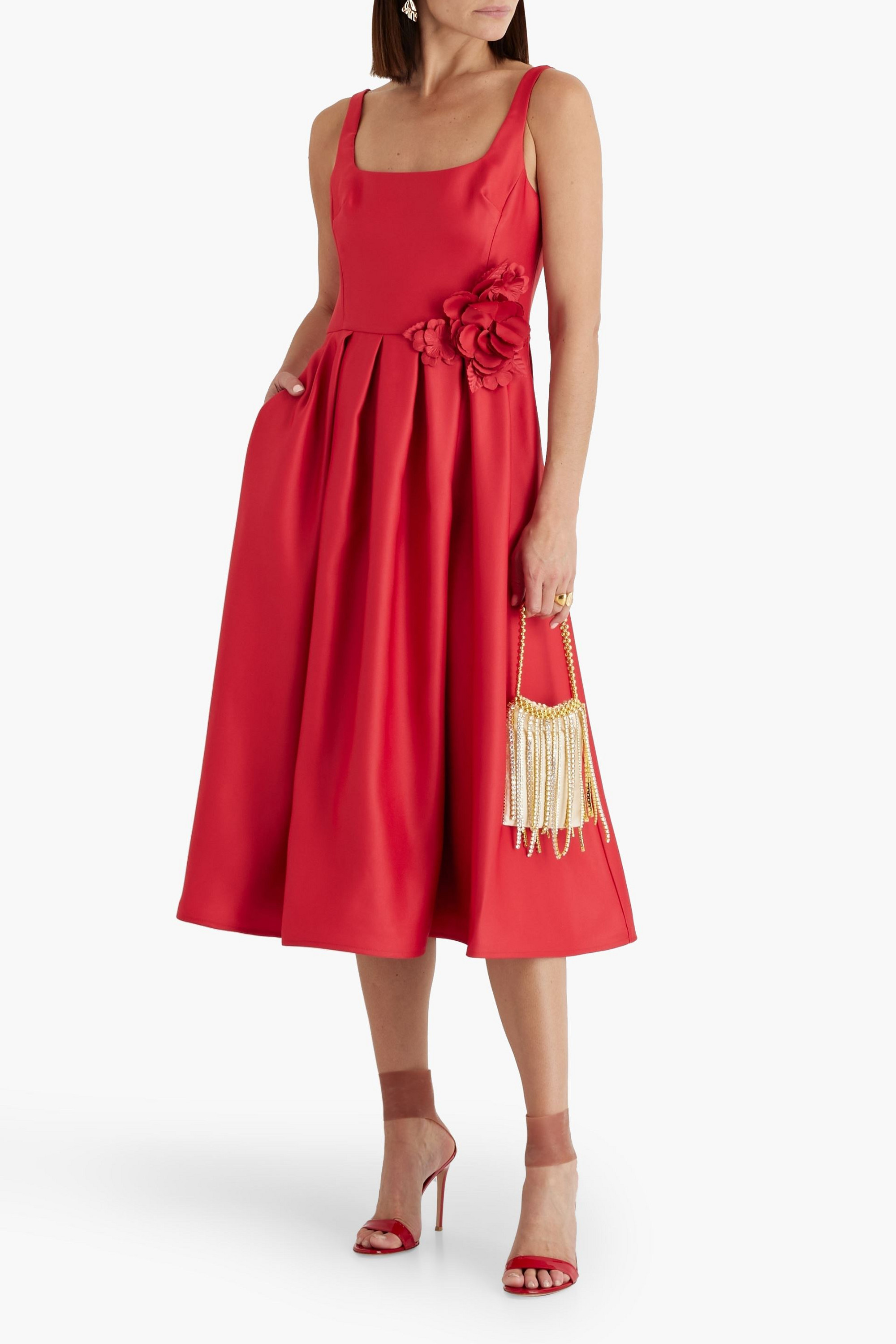 MARCHESA NOTTE Floral-appliquéd duchesse-satin midi dress