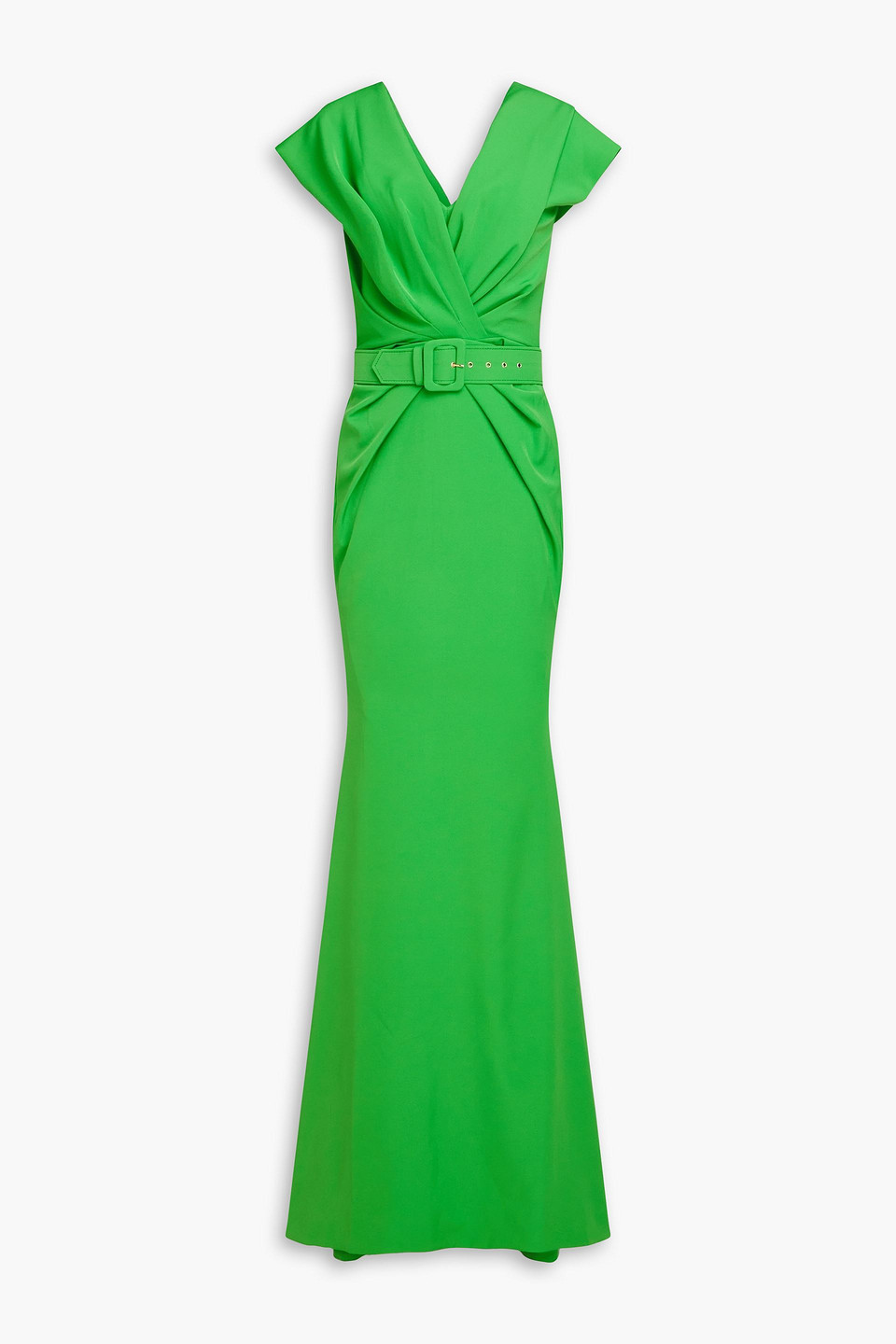 Rhea Costa Belted Crepe Gown In Green