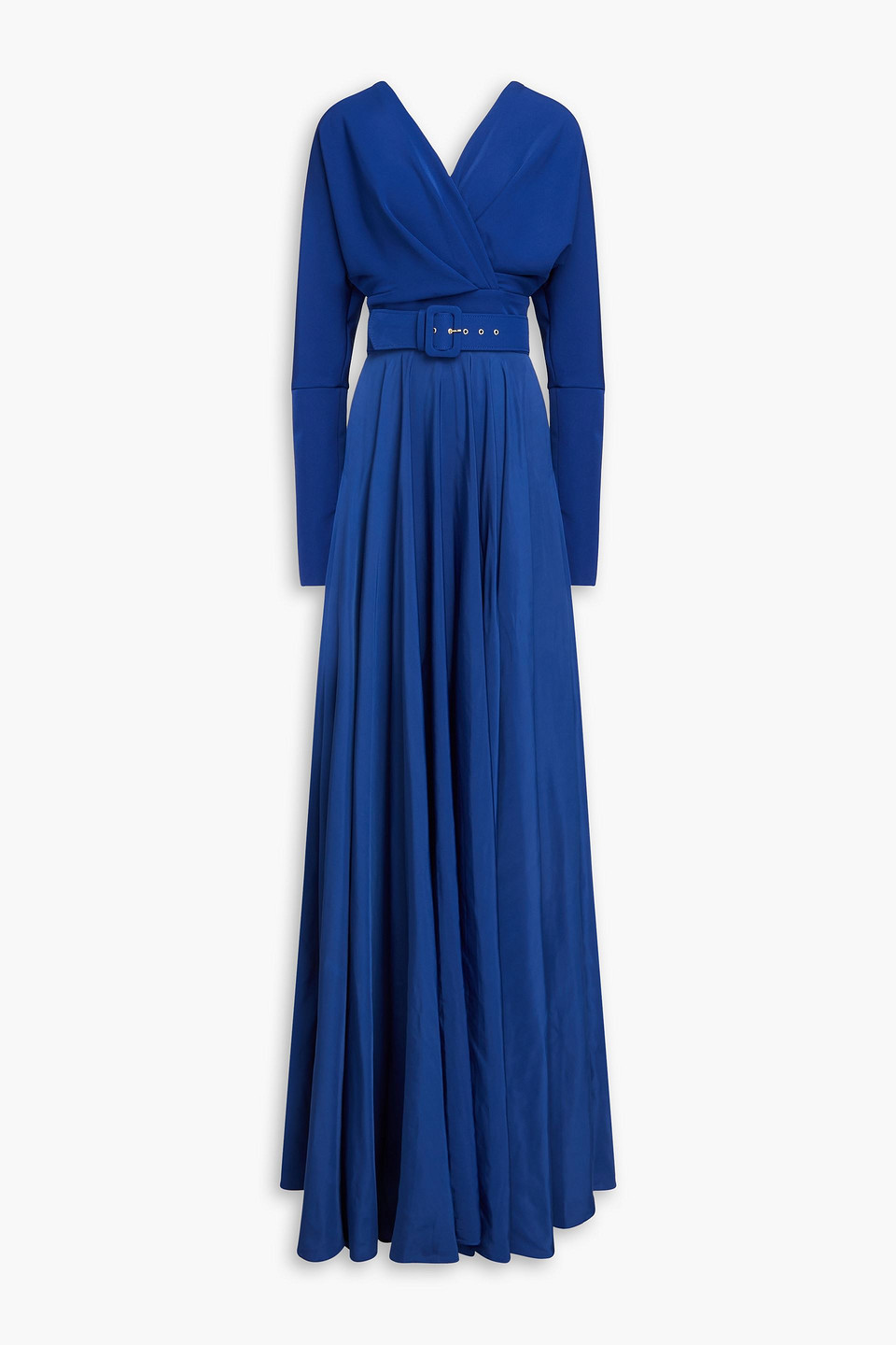 Rhea Costa Pleated Satin-crepe Gown In Royal Blue