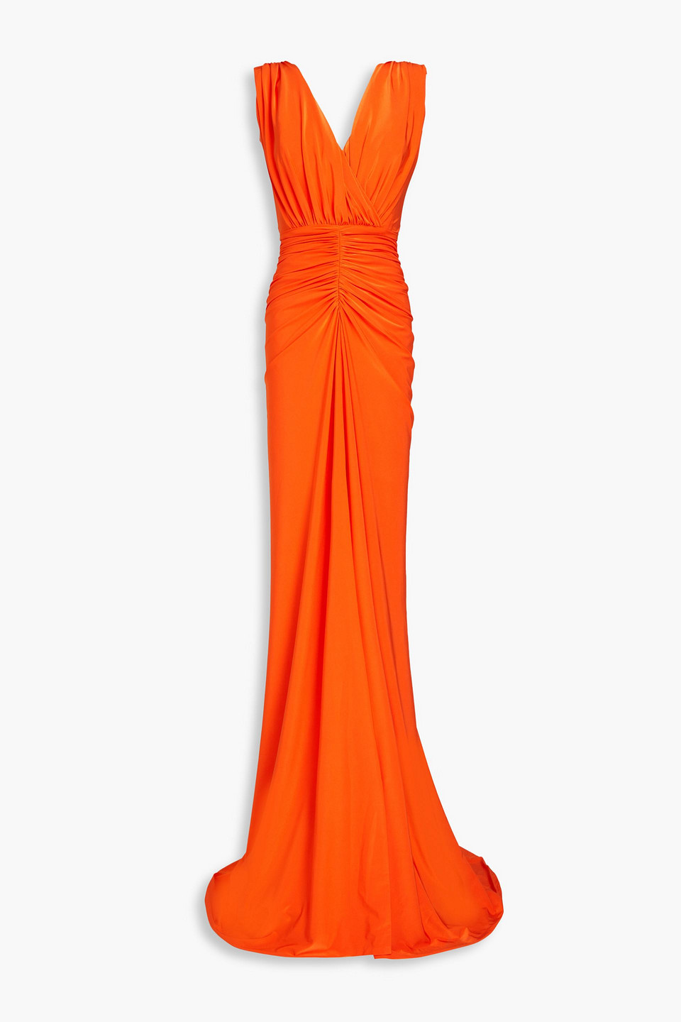 Rhea Costa Saara Ruched Satin-jersey Gown In Orange