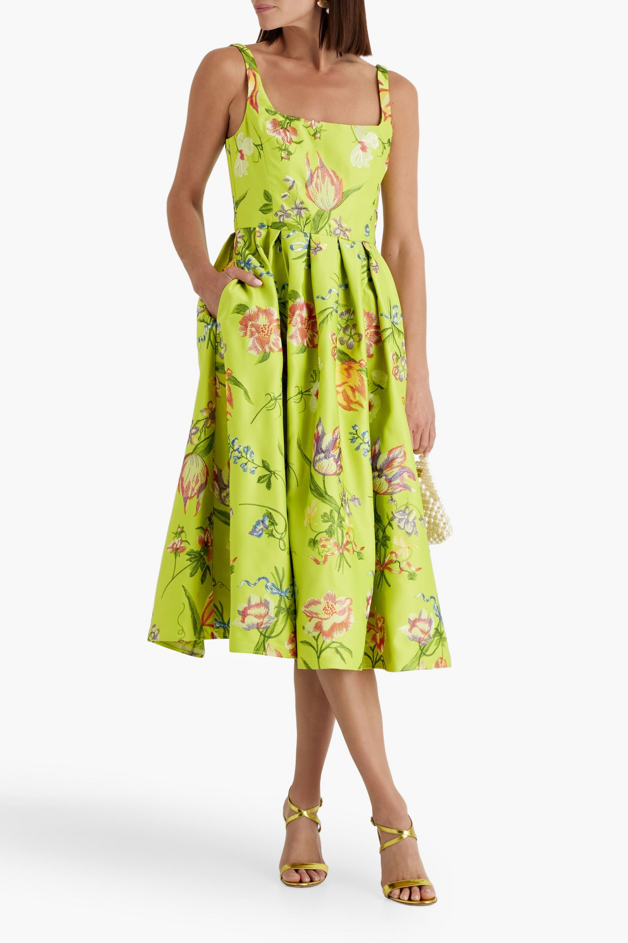 MARCHESA NOTTE Embroidered duchesse-satin midi dress