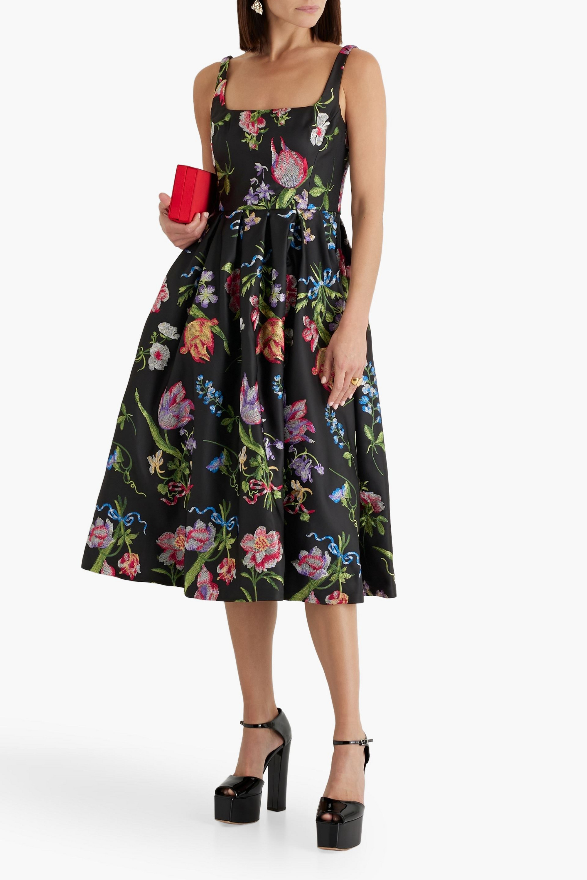 MARCHESA NOTTE Embroidered duchesse-satin midi dress