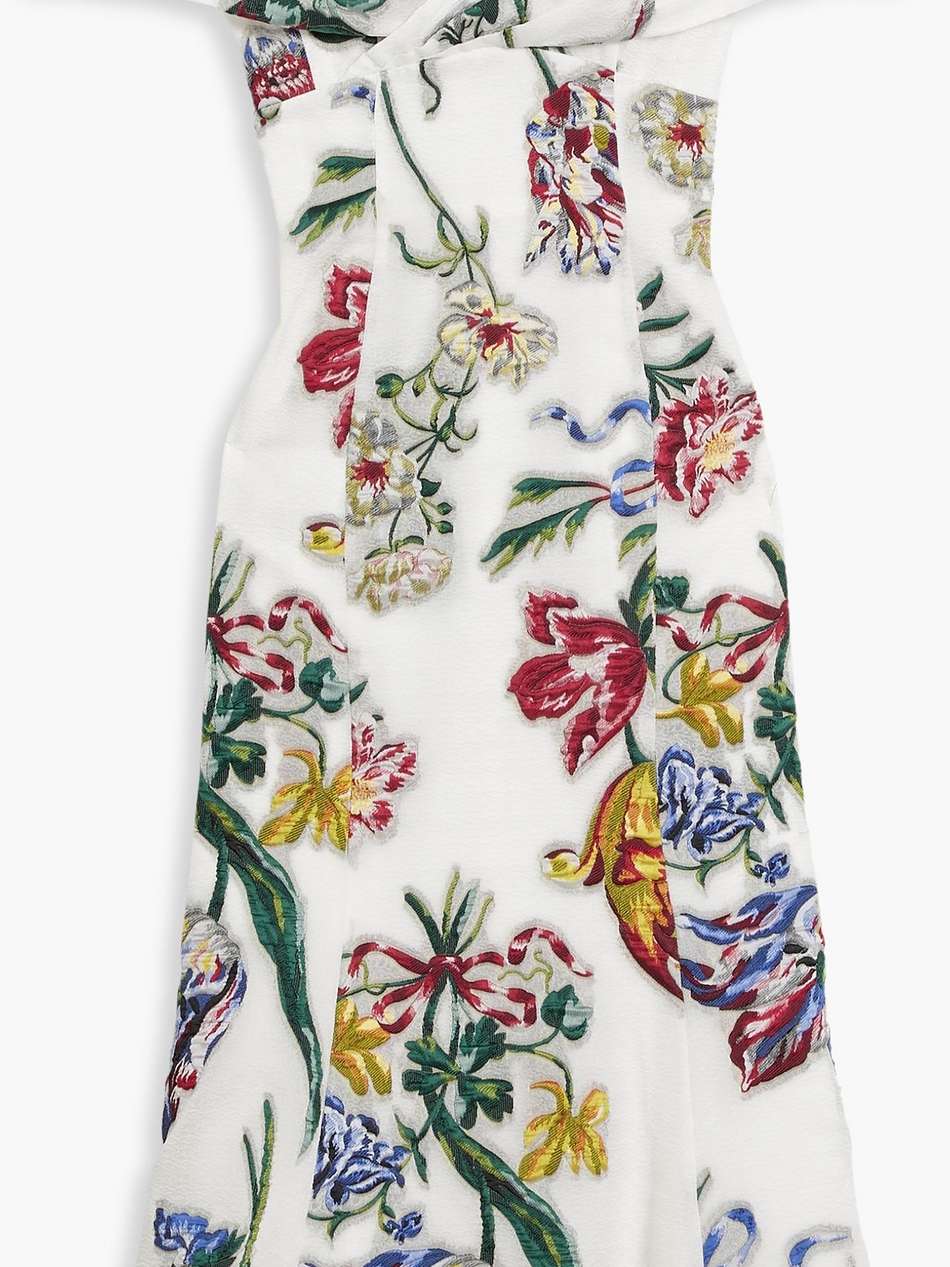 off-the-shoulder brocade midi dress