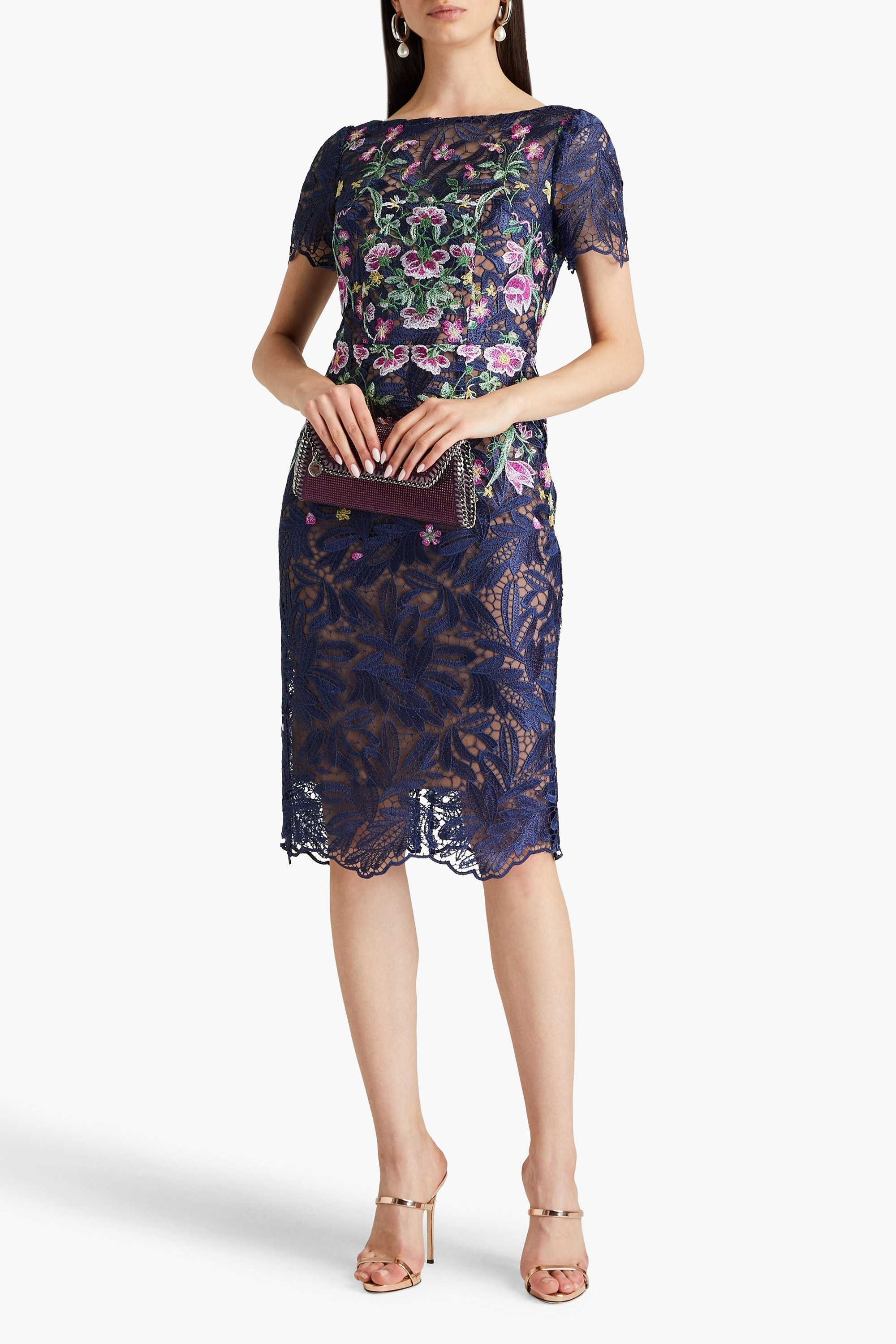 MARCHESA NOTTE Embroidered macramé lace dress